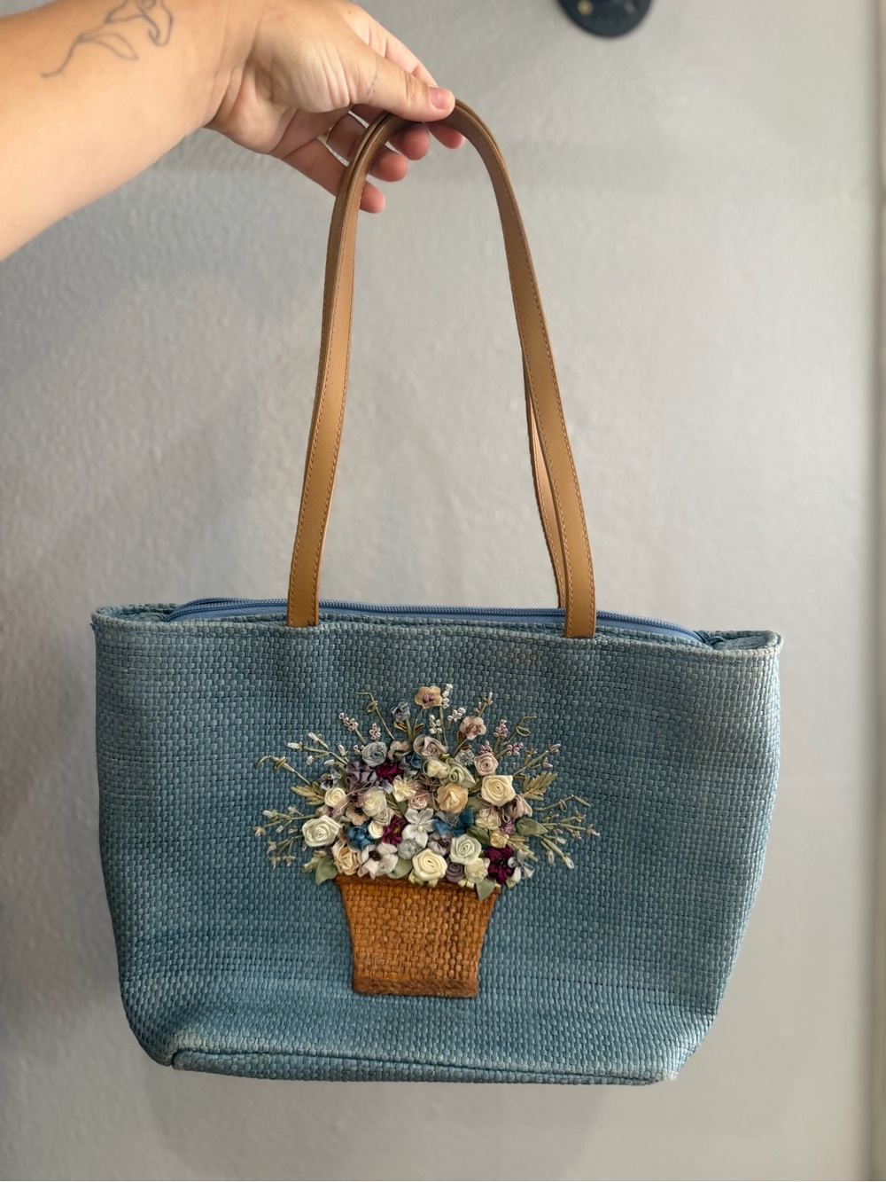 Capelli of New York Blue Woven Tote with Floral Basket Detail and Tan Handles